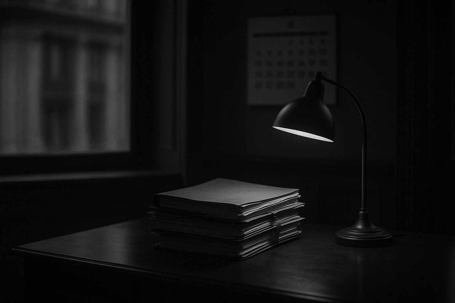 Bureau d'avocat sobre en noir et blanc, dossiers fermés sous une lampe, évoquant l'écoulement du temps et la prescription