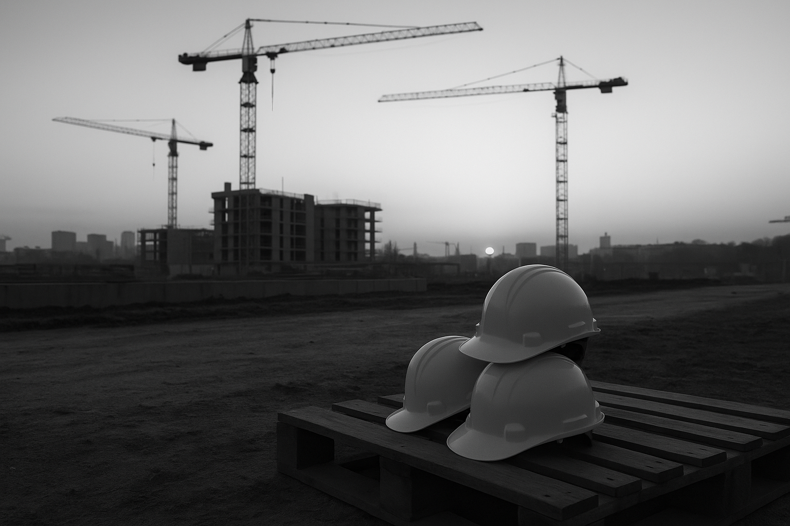 Chantier de construction à l'aube avec des casques de sécurité posés sur une palette, illustrant la mise à disposition de salariés entre entreprises