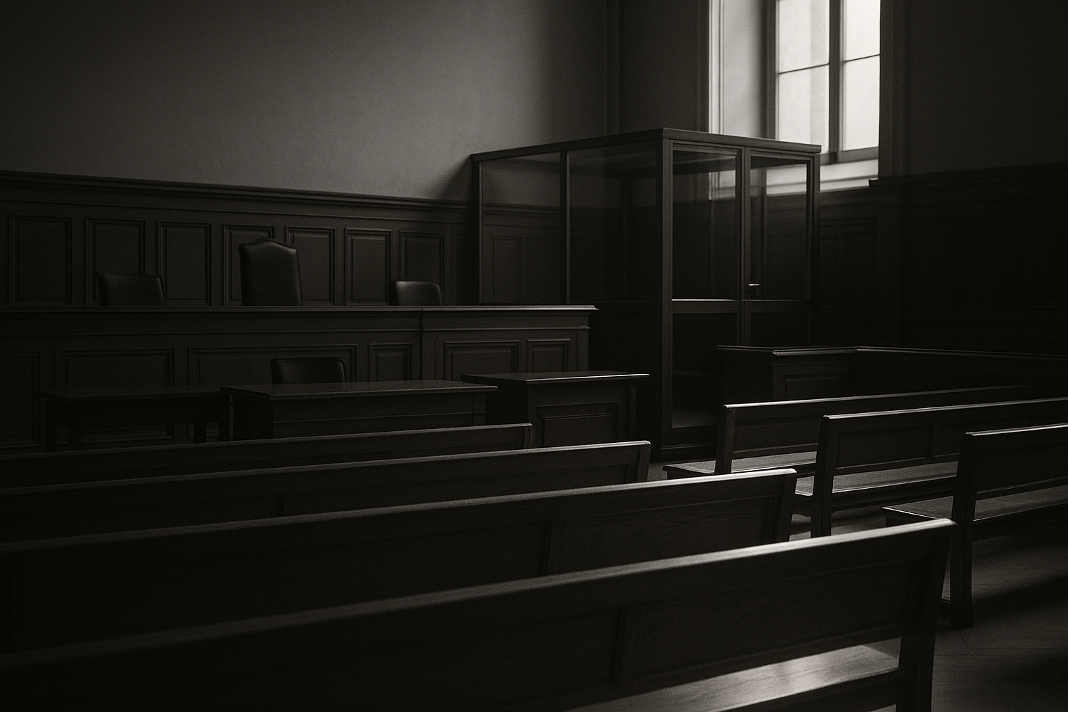 Salle d'audience de tribunal correctionnel vide, lumière grise et bancs de bois, ambiance sobre