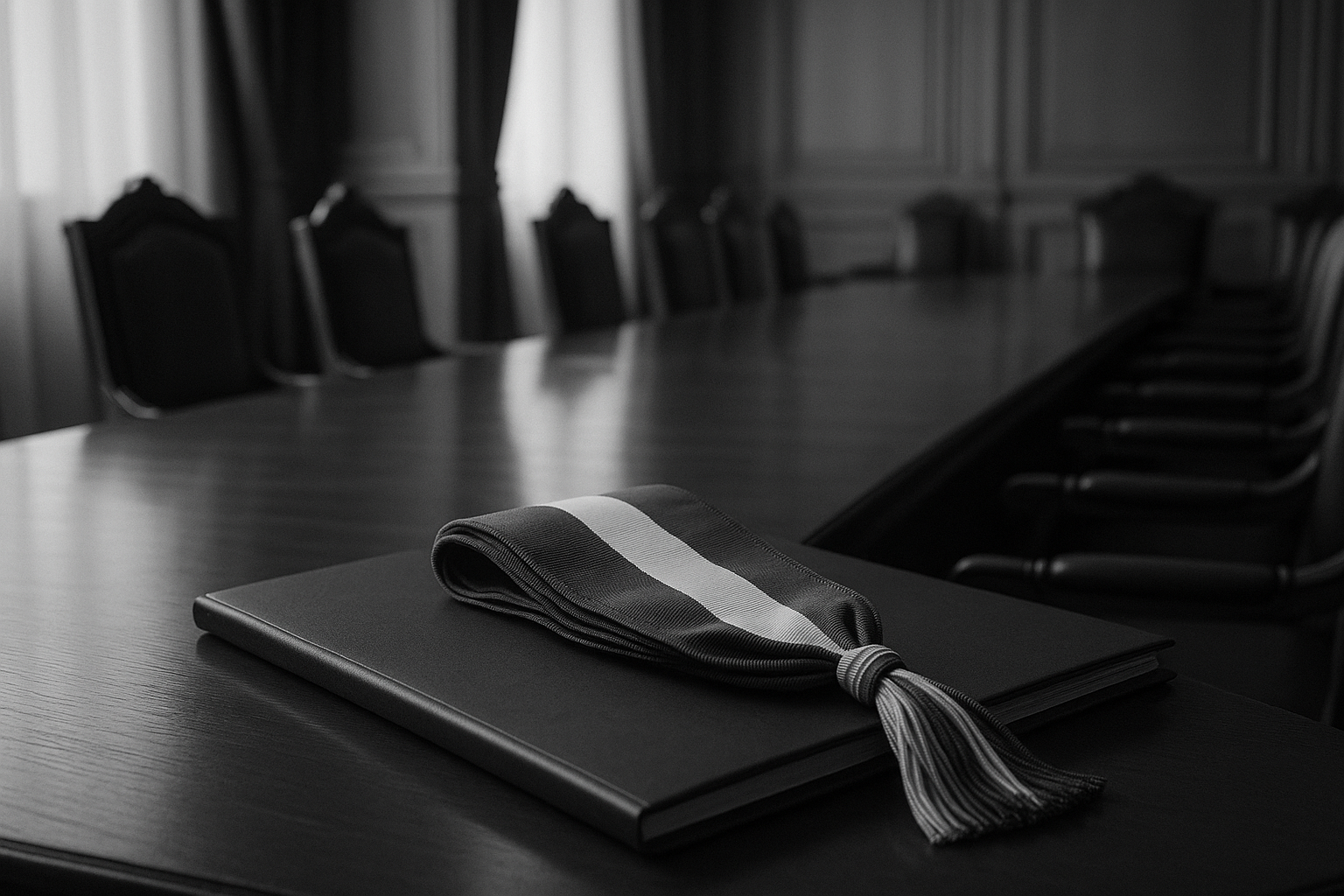 Écharpe tricolore posée sur la table d'une salle du conseil municipal près d'un dossier fermé
