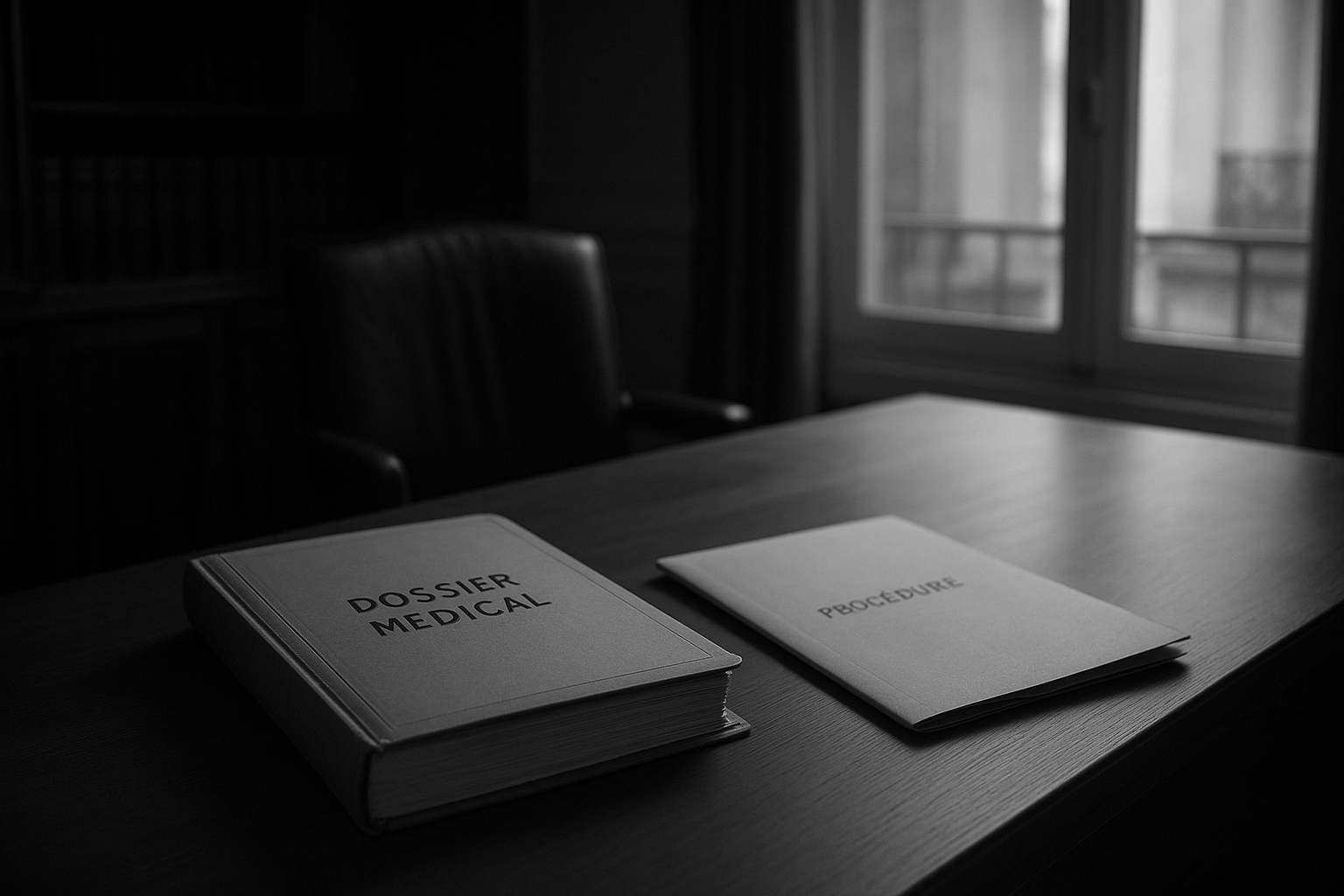 Dossier médical et chemise de procédure sur une table de cabinet d'avocat