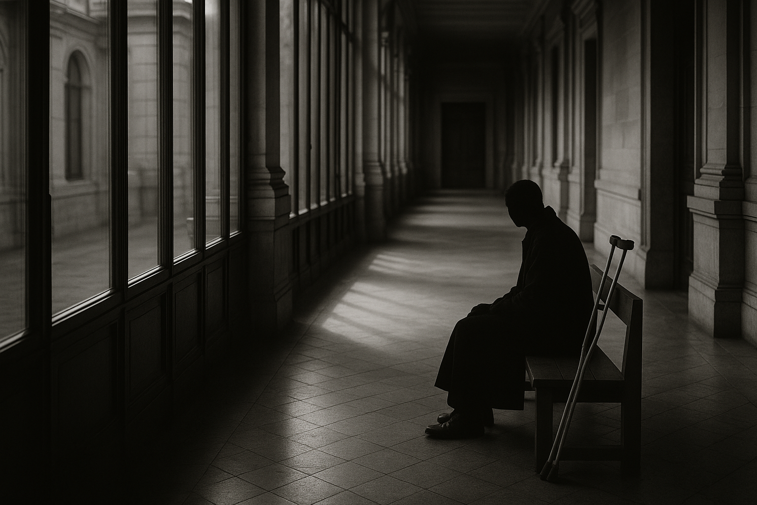 Banc d'attente dans un couloir de palais de justice, béquilles appuyées contre le mur
