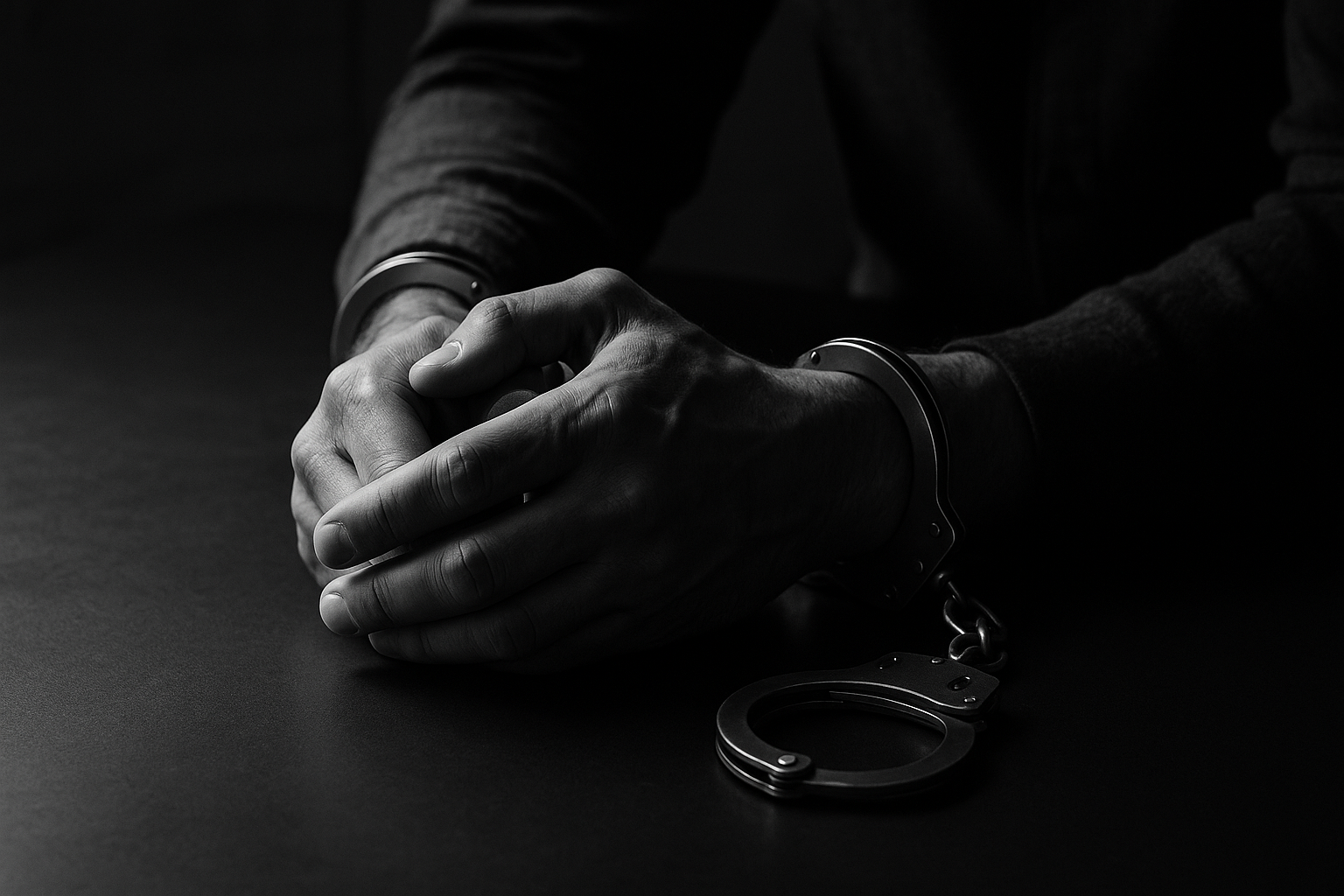 Mains menottées posées sur une table dans un commissariat, photographie éditoriale en noir et blanc