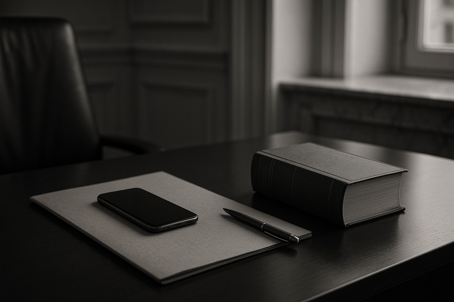 Bureau d'avocat, téléphone posé face contre table sur un dossier fermé et volume de code juridique, gris chauds