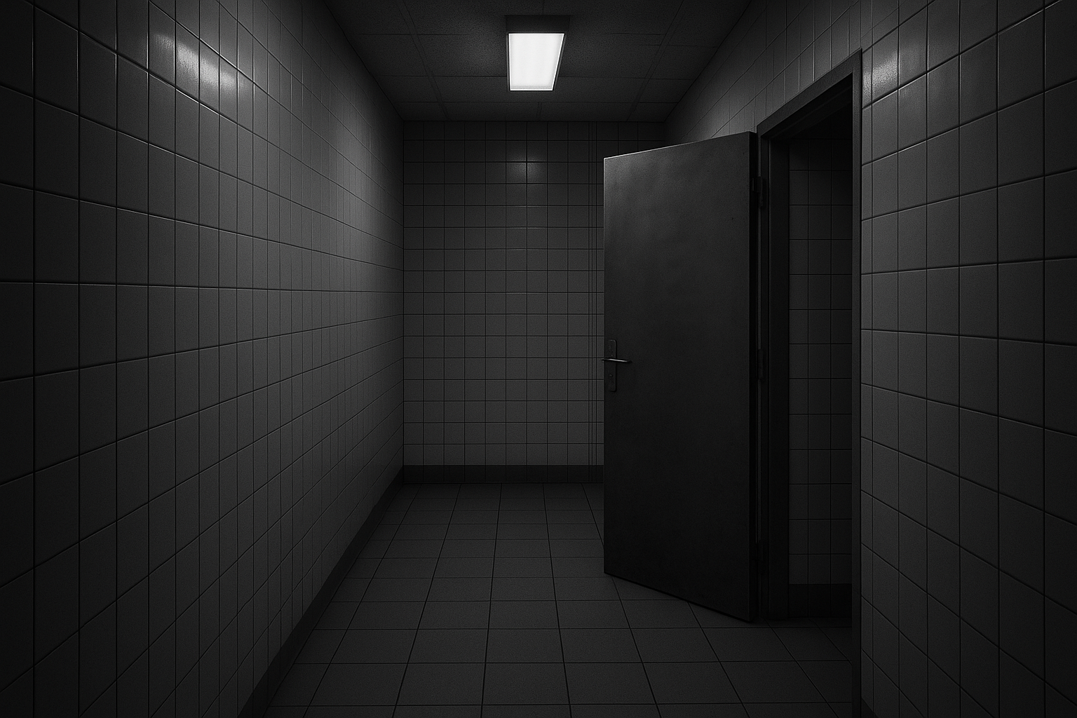 Couloir carrelé d'un institut médico-légal avec porte métallique entrouverte, photographie en noir et blanc à l'atmosphère grave.