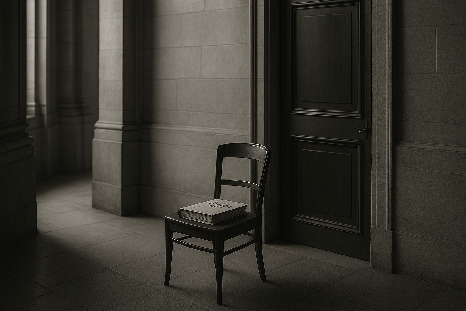 Couloir de palais de justice avec une chaise vide et un dossier médical cartonné posé devant une porte, lumière de fin de journée