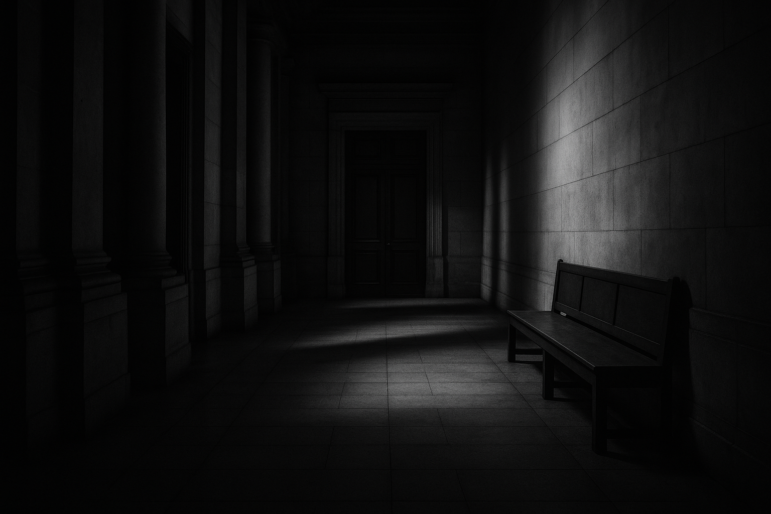 Couloir désert de palais de justice la nuit, porte de salle d'audience fermée et banc de bois vide