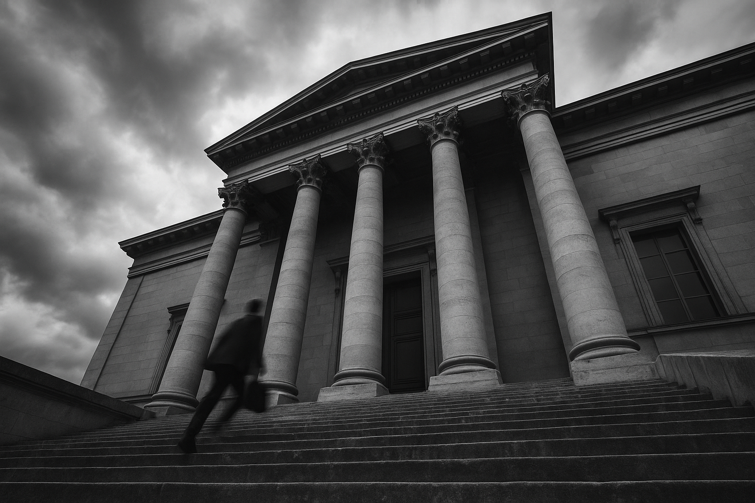 Personne montant les marches d'un palais de justice français à colonnes sous un ciel nuageux