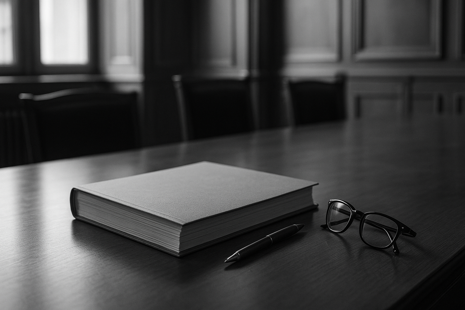 Dossier juridique fermé posé sur une table de salle d'audience vide, avec un stylo et des lunettes, en noir et blanc