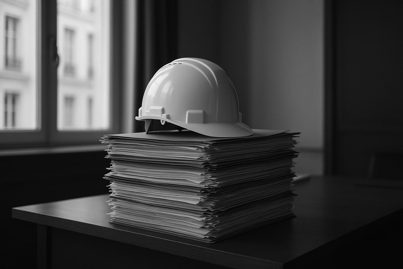 Casque de chantier posé sur une pile de dossiers dans un bureau administratif éclairé par une fenêtre