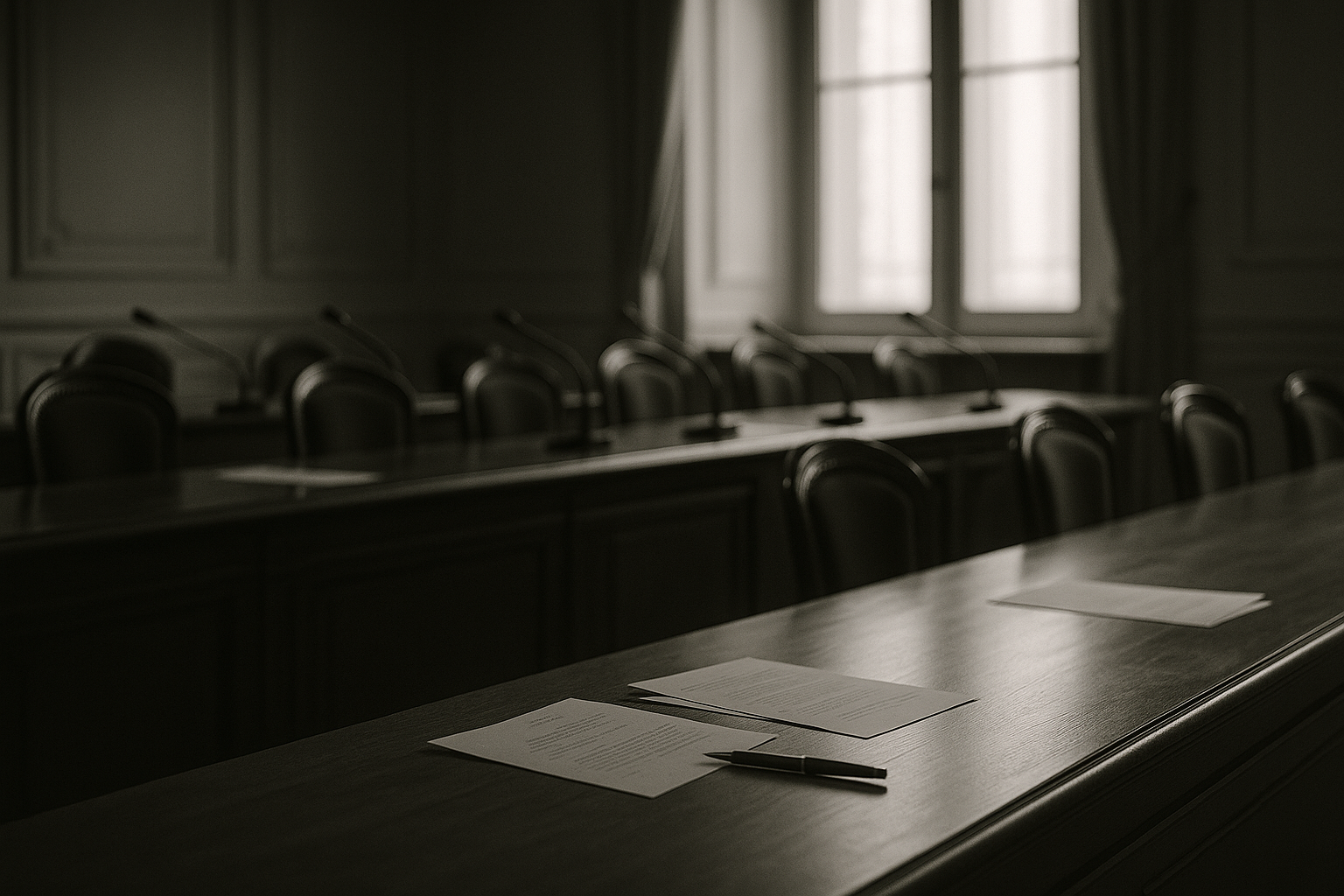 Salle de conseil municipal vide en noir et blanc, longue table en bois avec quelques documents officiels et un stylo fermé, lumière du jour par de hautes fenêtres