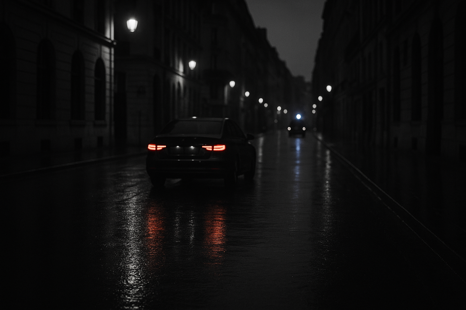Rue de ville mouillée la nuit, feux arrière d'une voiture qui s'éloigne et gyrophare bleu flou à l'arrière-plan