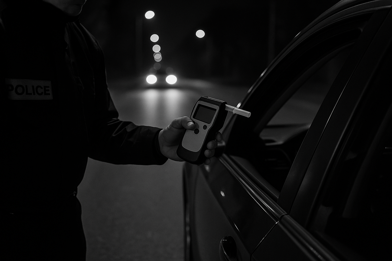Agent présentant un appareil de mesure de l'alcool dans l'air expiré à la vitre d'une voiture lors d'un contrôle routier de nuit