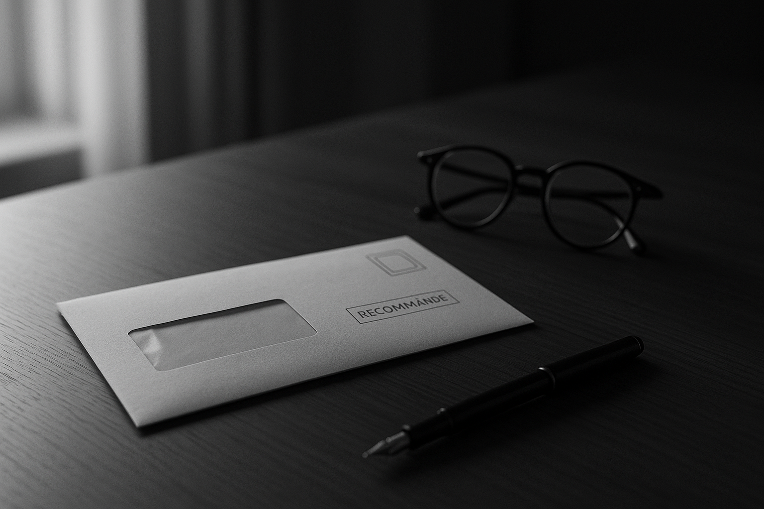 Lettre recommandée et stylo plume posés sur un bureau d'avocat, photographie en noir et blanc