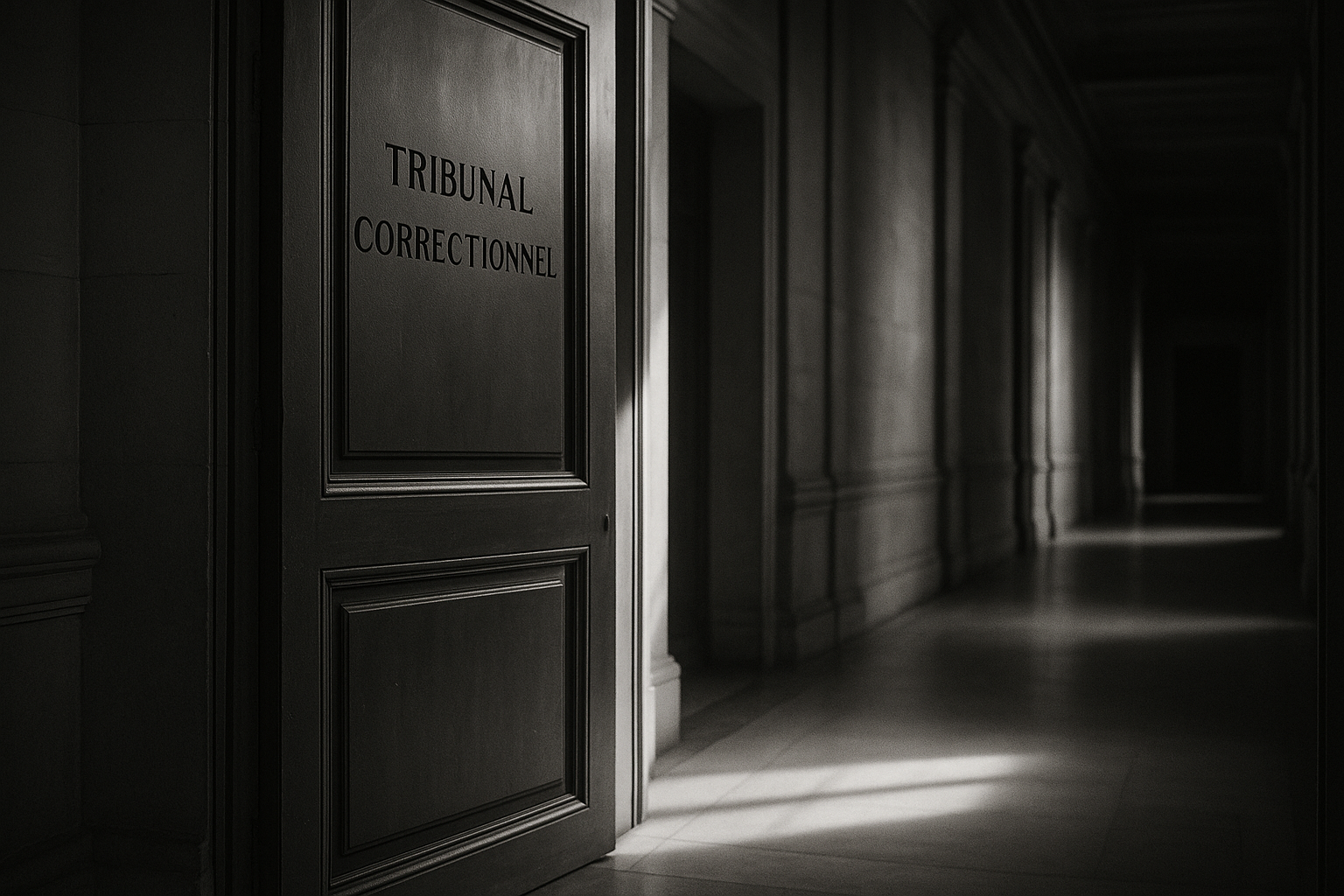 Porte de tribunal correctionnel entrouverte laissant passer la lumière dans un couloir de palais de justice, photographie éditoriale en noir et blanc