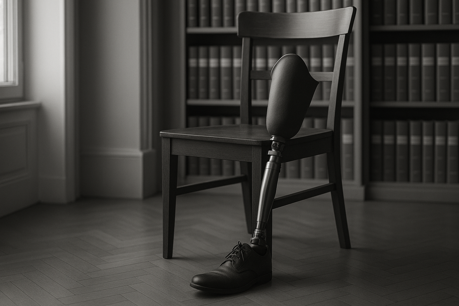 Prothèse de jambe posée contre une chaise en bois dans un bureau d'avocat
