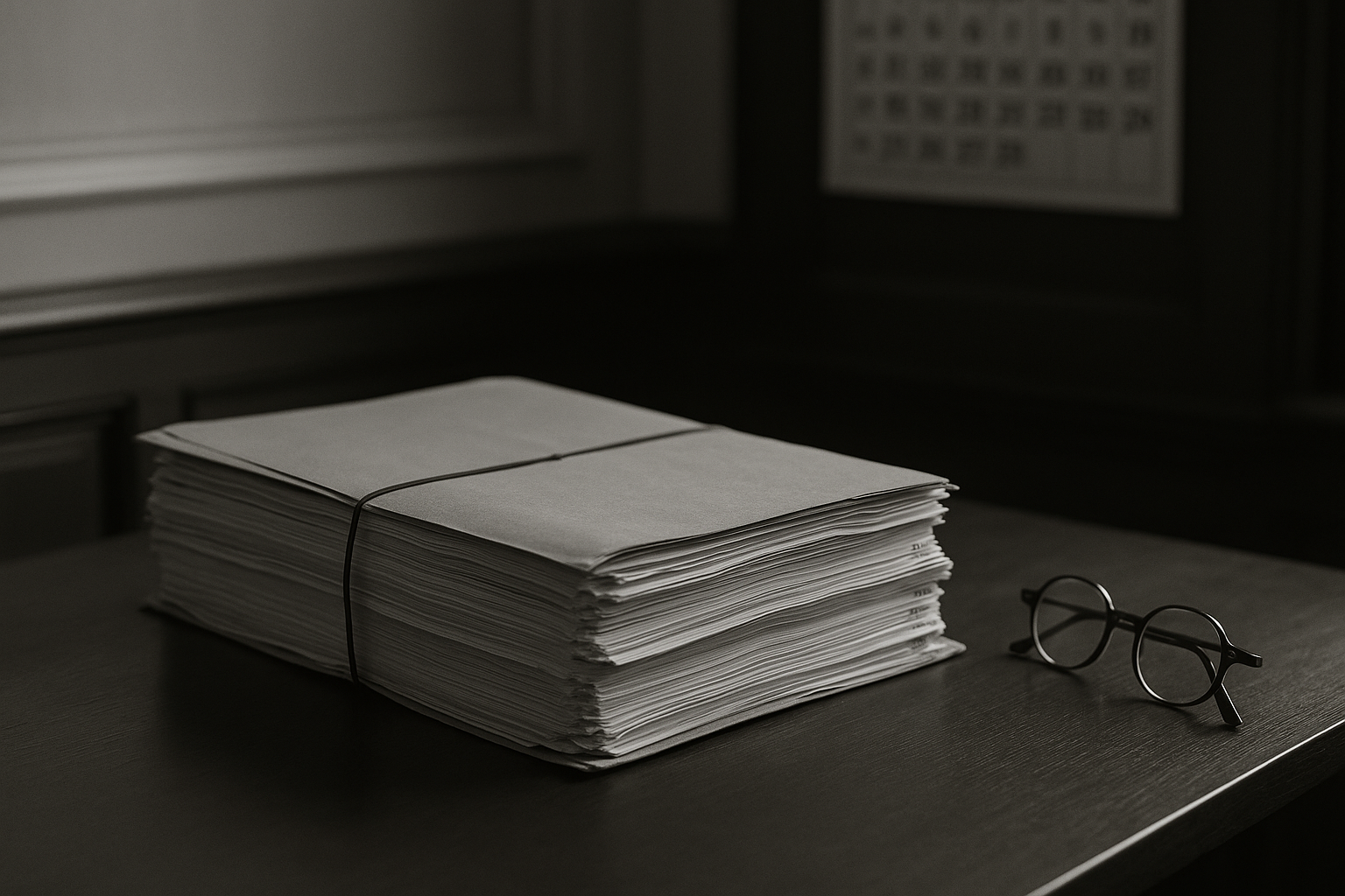 Dossier d'instruction ouvert sur une table de cabinet d'avocat, pièces cotées et calendrier posé à côté
