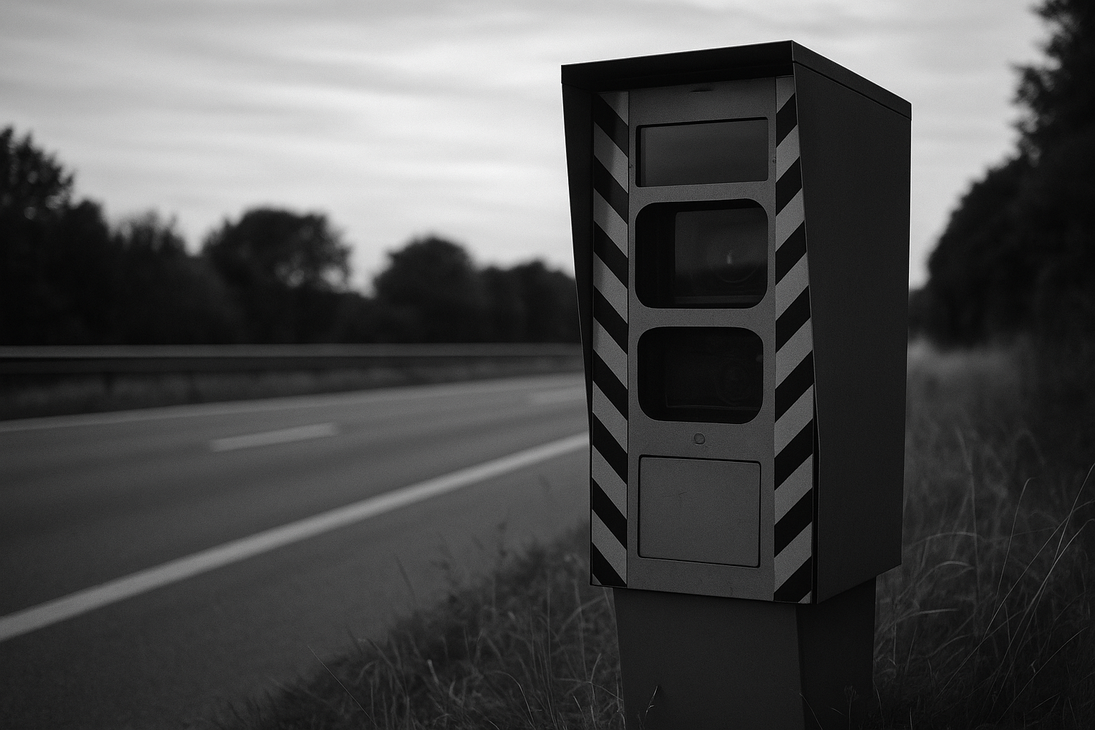 Vue rapprochée en noir et blanc d'un radar de contrôle de vitesse routier en France, sur fond de circulation floue.