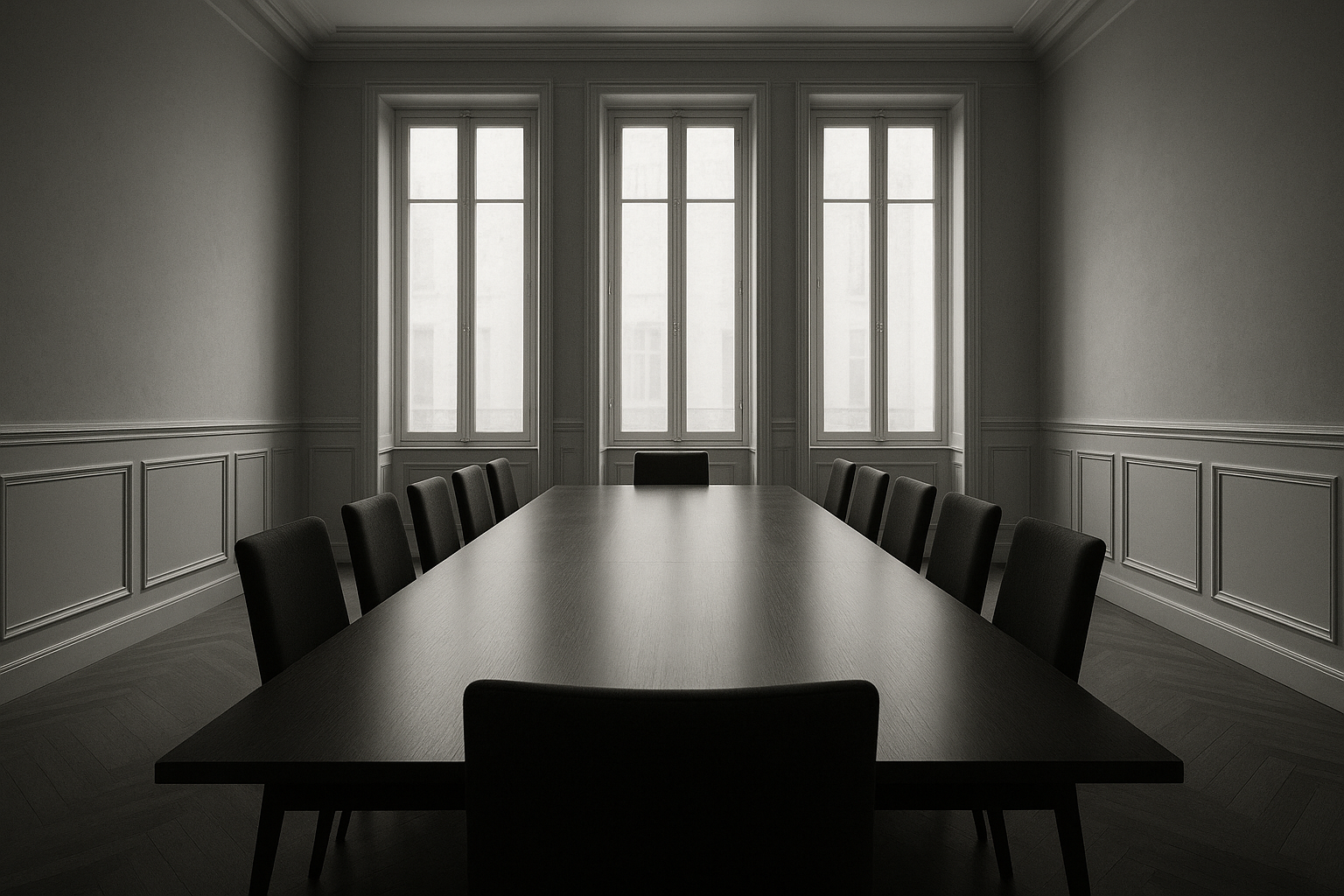 Salle de réunion institutionnelle vide, illustration de la responsabilité pénale des décideurs