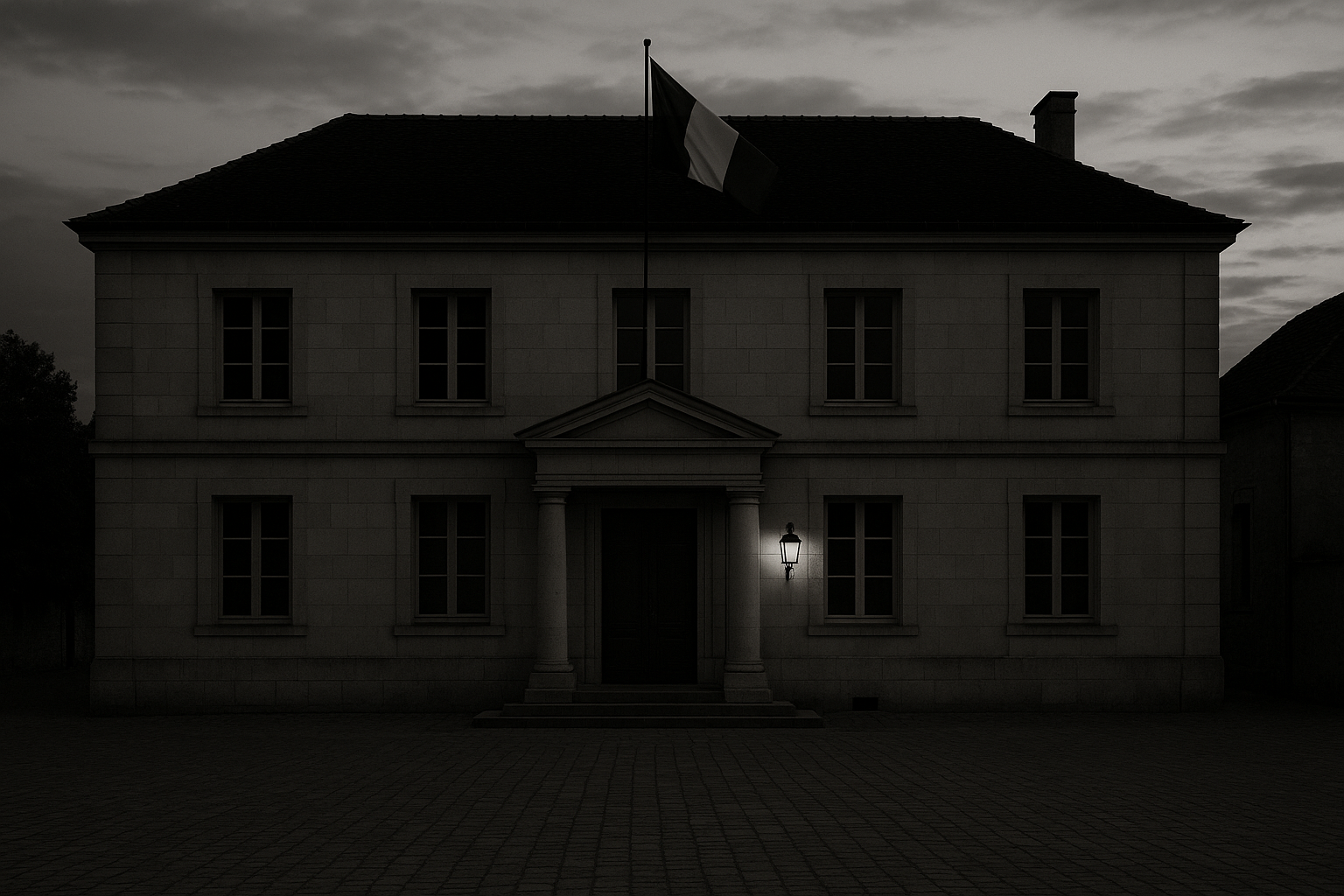 Façade d'une mairie de village au crépuscule avec un drapeau tricolore, place pavée vide