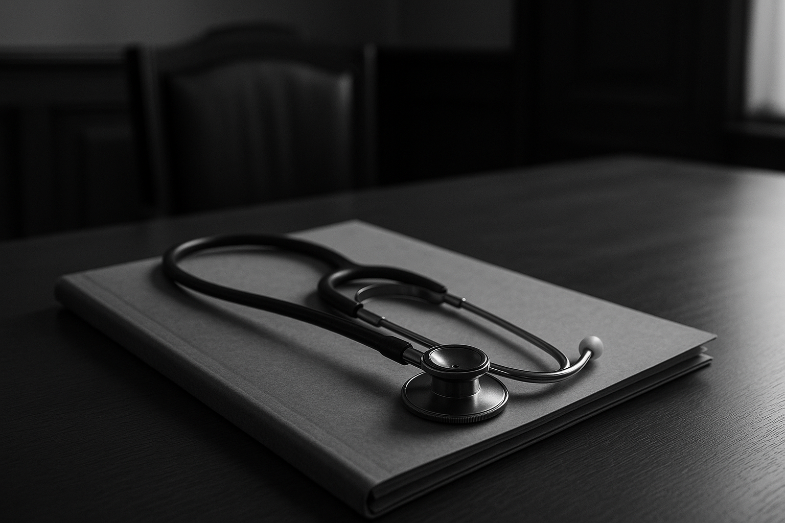 Stéthoscope posé sur un dossier fermé sur la table d'un bureau de juge, évoquant la responsabilité pénale du médecin