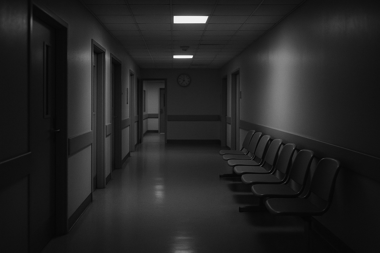 Sièges d'attente vides dans un couloir d'urgences hospitalières la nuit