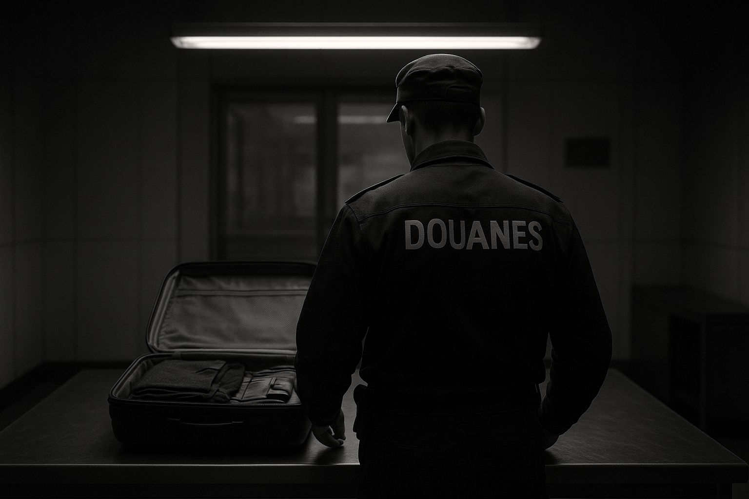 Agent des douanes contrôlant un bagage ouvert sur une table d'inspection dans une salle de contrôle, scène de retenue douanière