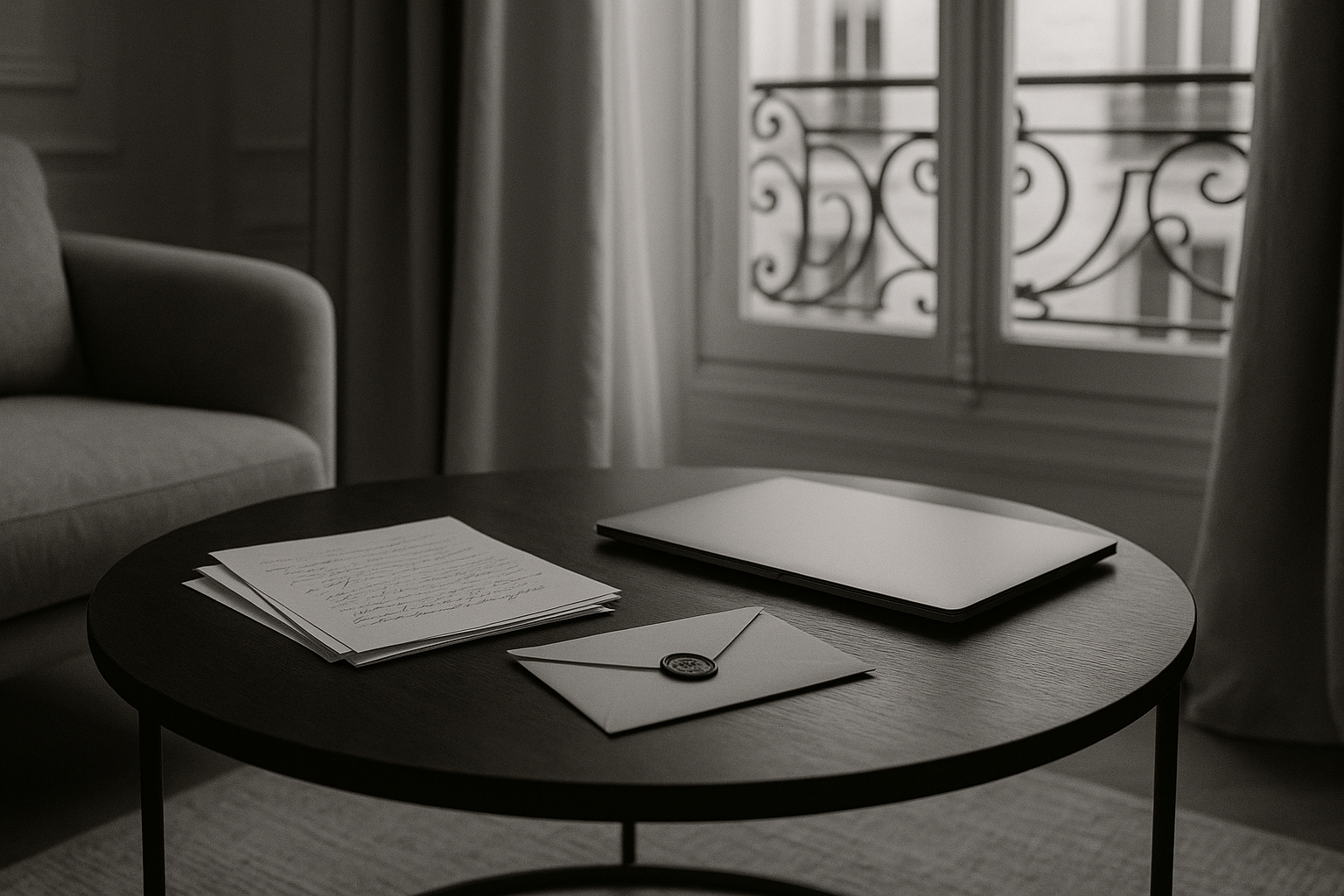 Lettres manuscrites et ordinateur portable fermé sur une table, avec une enveloppe cachetée, évoquant la correspondance avec un avocat