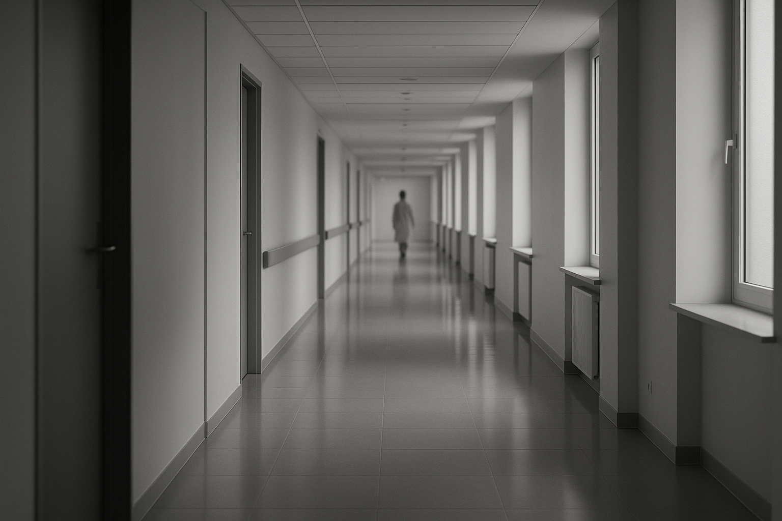 Couloir lumineux et calme d'un établissement de santé avec une silhouette floue au loin