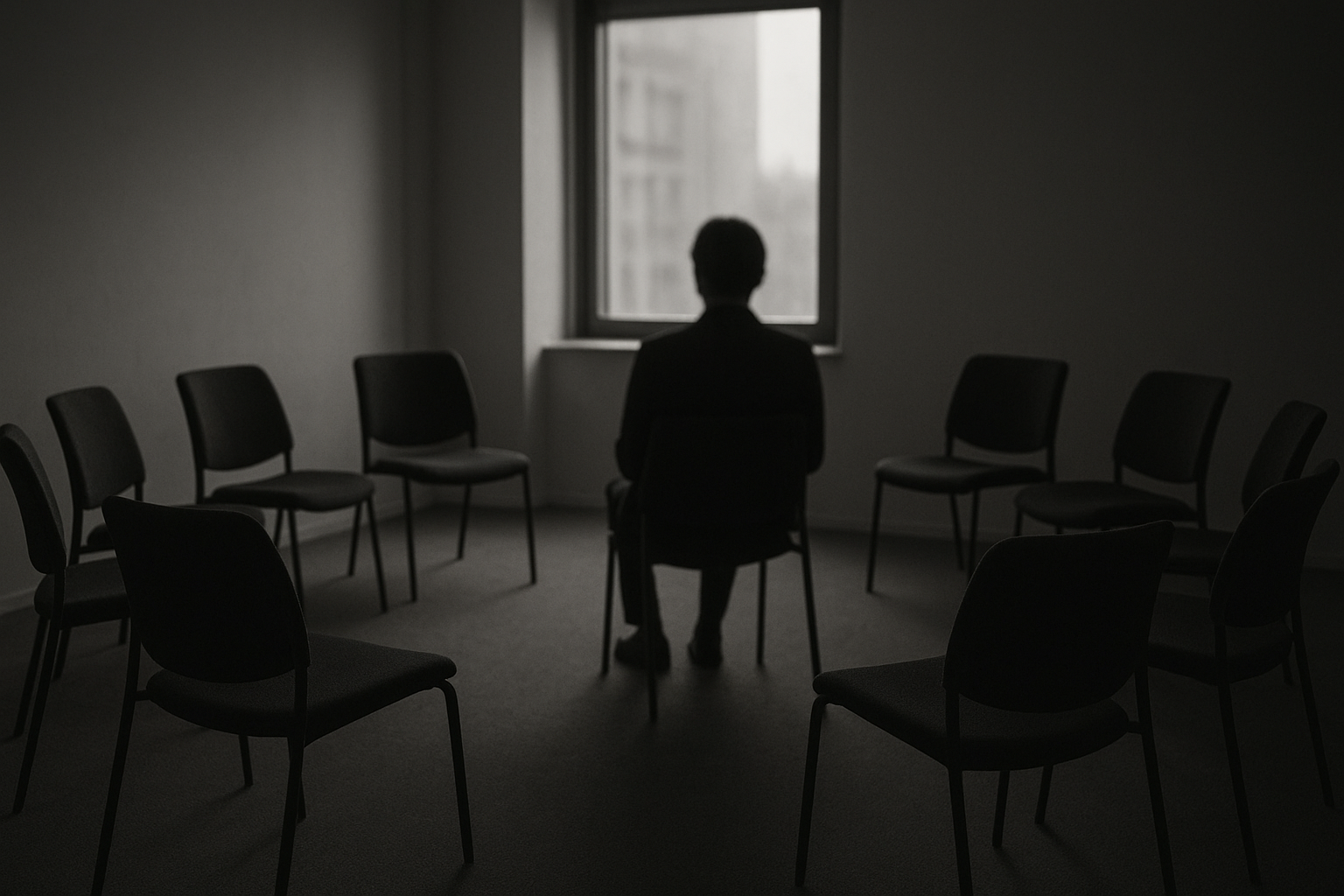 Silhouette floue d'une personne assise seule dans une salle aux chaises disposées en cercle, sous une lumière froide