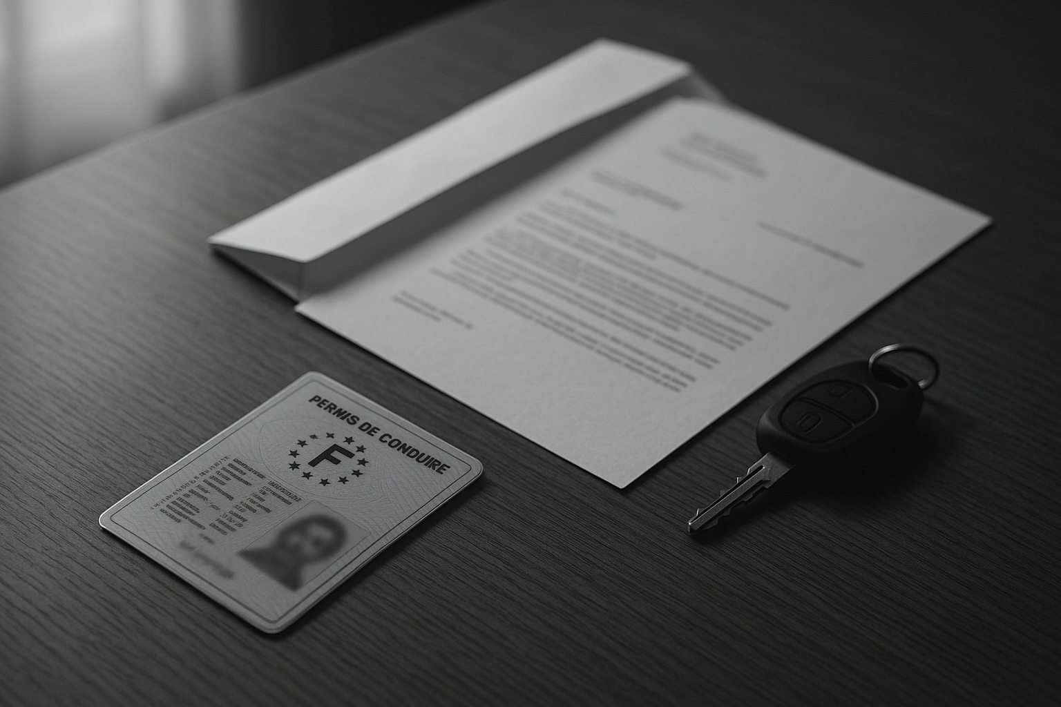 Permis de conduire et courrier administratif sur un bureau.
