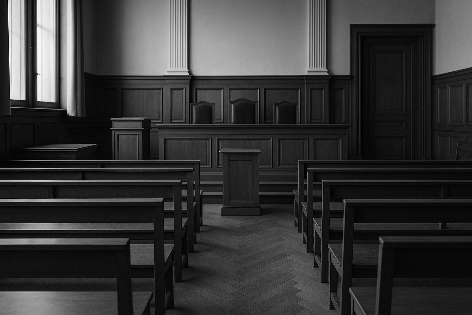 Salle d'audience vide d'une cour d'assises, bancs en bois et estrade, photographie en noir et blanc.