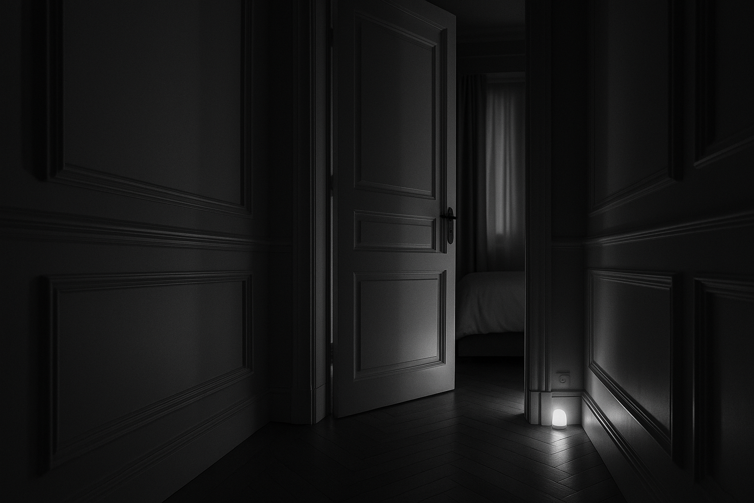 Couloir d'appartement de nuit, porte de chambre entrouverte et veilleuse allumée au sol