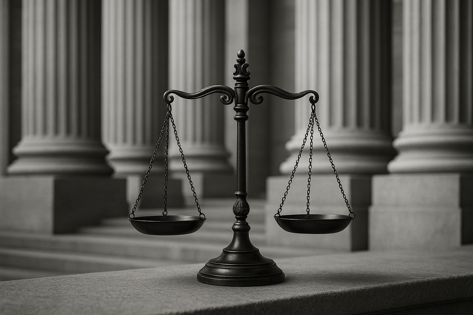 Balance de la justice devant le fronton d'un palais de justice, illustrant la qualification du trafic d'influence visant un magistrat