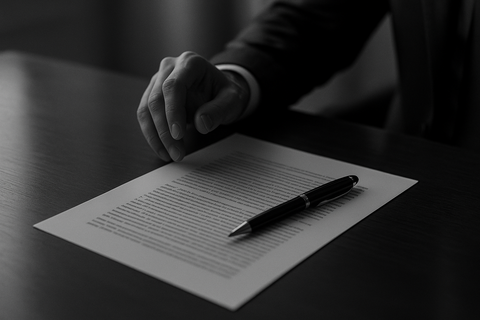 Stylo posé sur un document dactylographié sur un bureau en bois, une main hésitante au-dessus