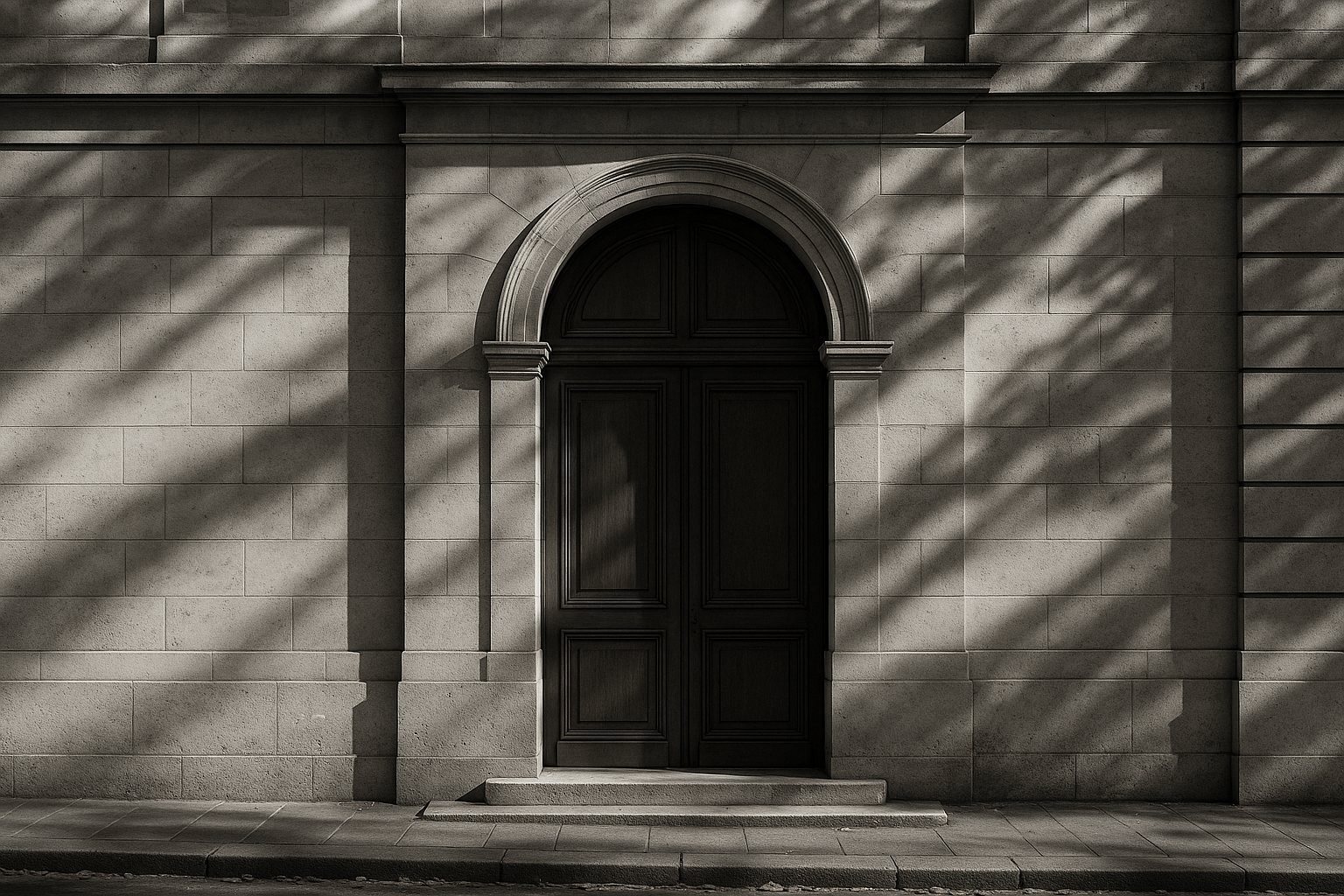 Façade en pierre claire d'un tribunal administratif avec une porte en bois, photographiée en noir et blanc