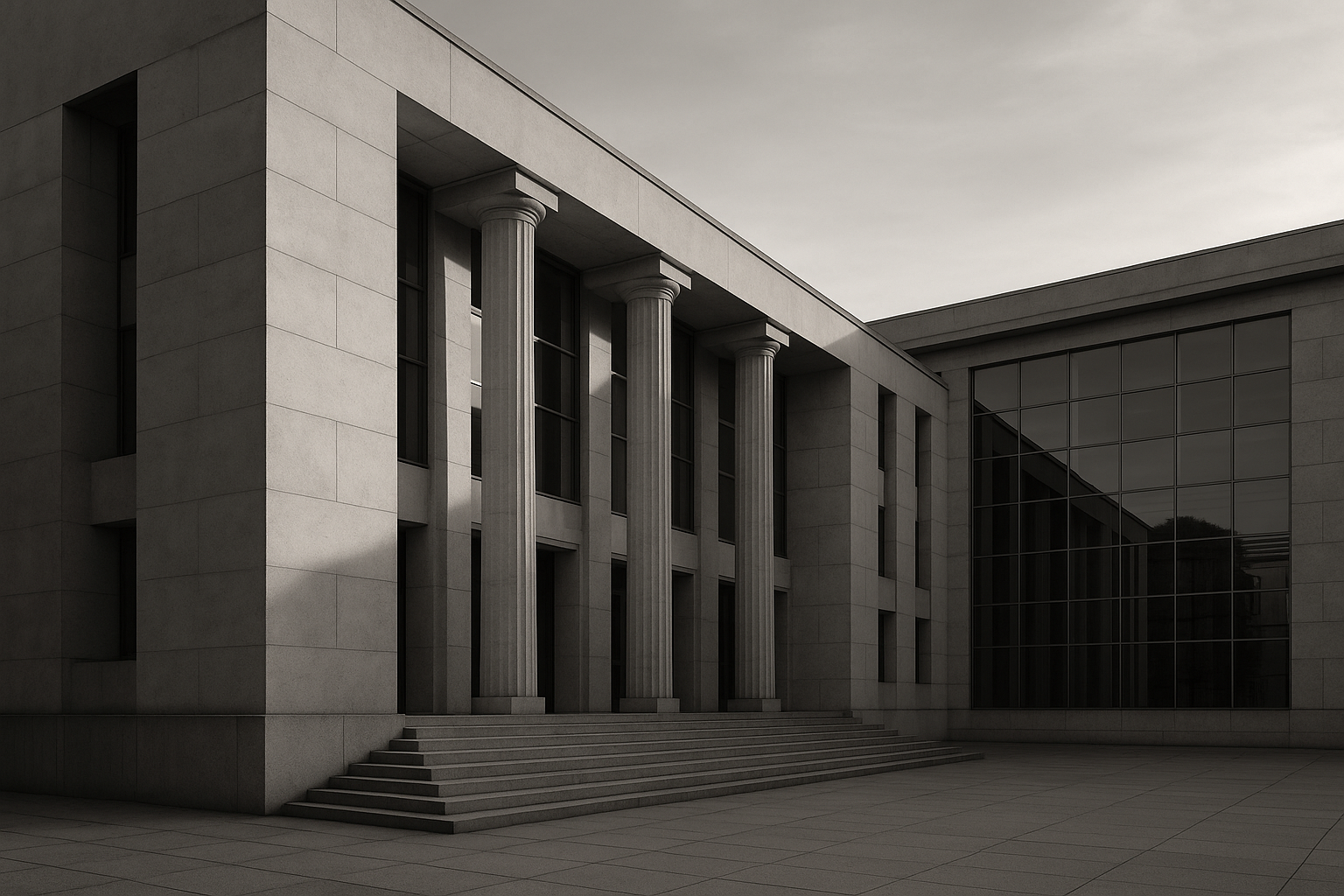 Façade sobre d'un palais de justice moderne, symbolisant le tribunal judiciaire de Bobigny