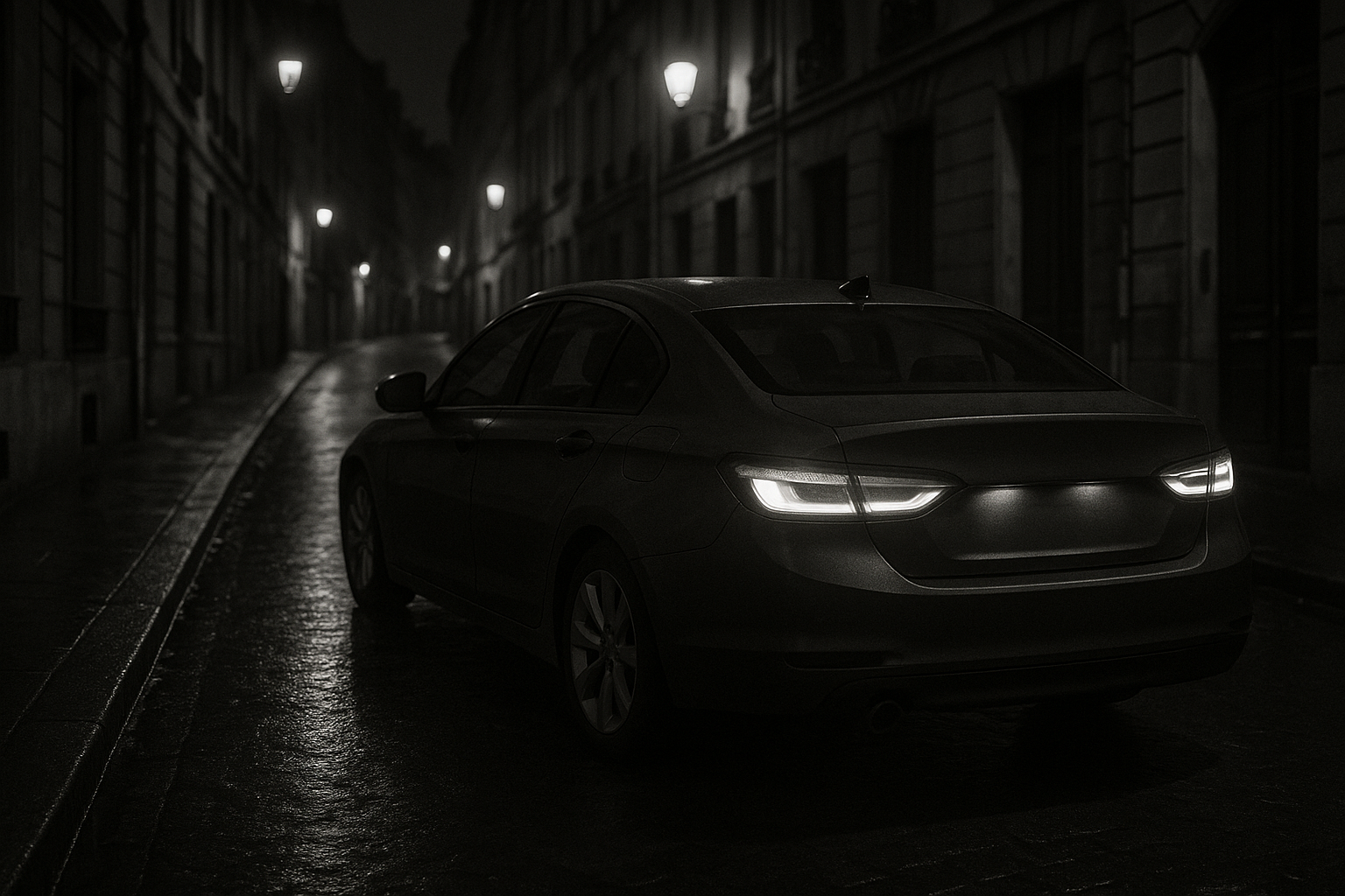 Voiture immobilisée de nuit dans une rue urbaine, illustration de l'usage des armes lors d'un contrôle