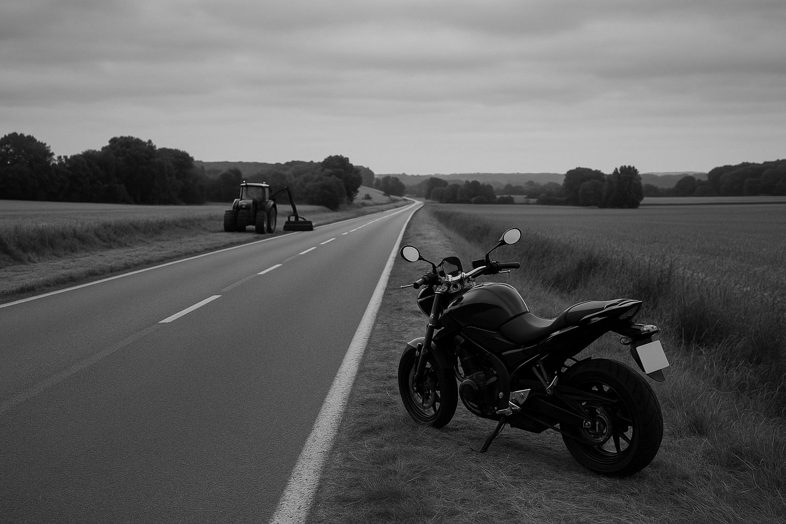 Route départementale au bas-côté fraîchement fauché, tracteur de fauchage au loin et moto arrêtée sur l'accotement sous un ciel couvert