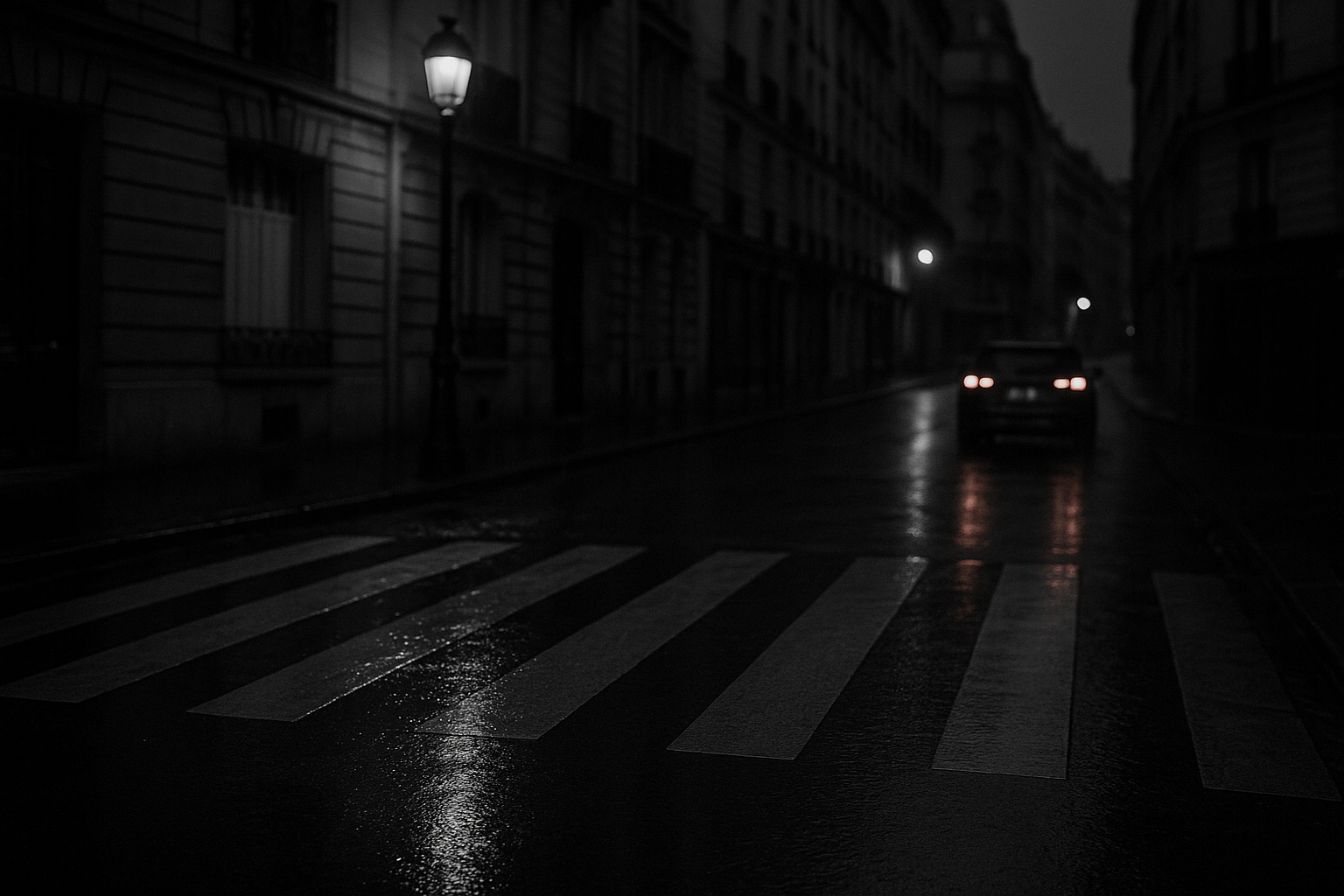 Passage piéton mouillé la nuit sous un réverbère, feux arrière d'une voiture s'éloignant dans le lointain