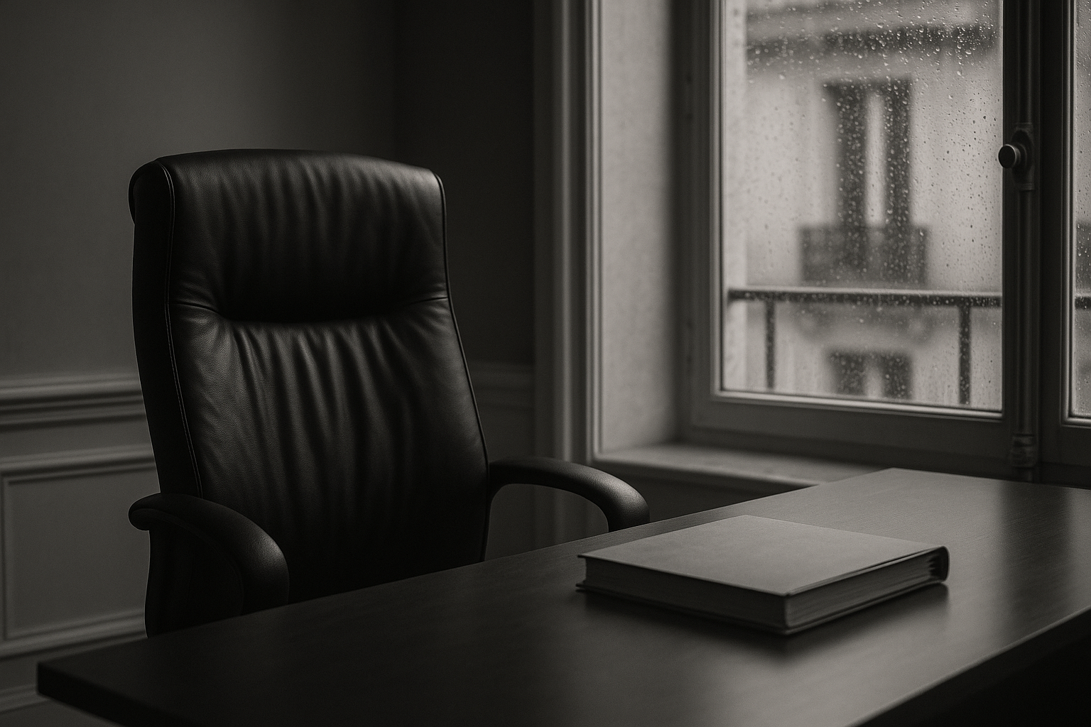 Fauteuil de bureau vide tourné vers une fenêtre mouillée par la pluie, un dossier fermé posé sur le bureau