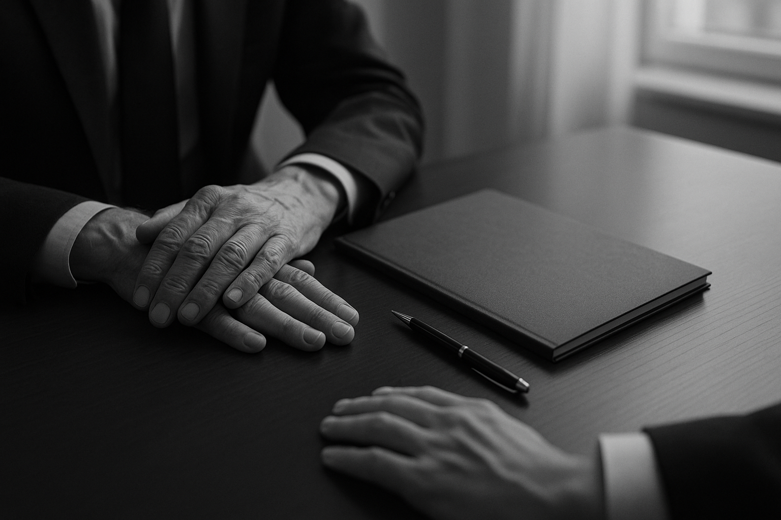 Deux mains, l'une âgée et l'autre plus jeune, posées sur une table près d'un dossier fermé et d'un stylo