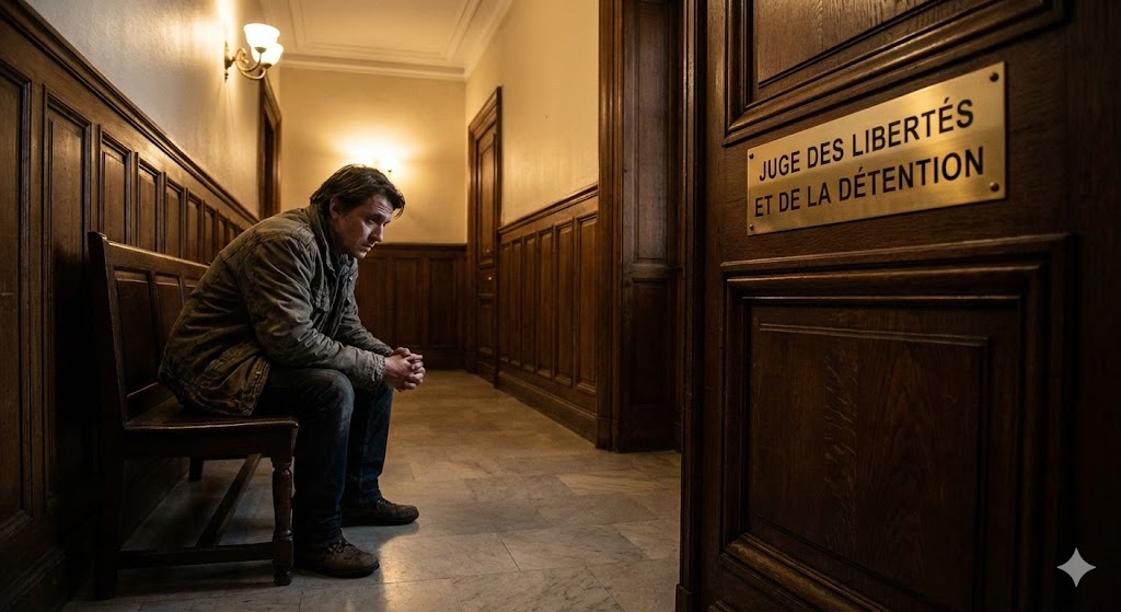 Palais de justice, illustration de l'audience devant le juge des libertés et de la détention
