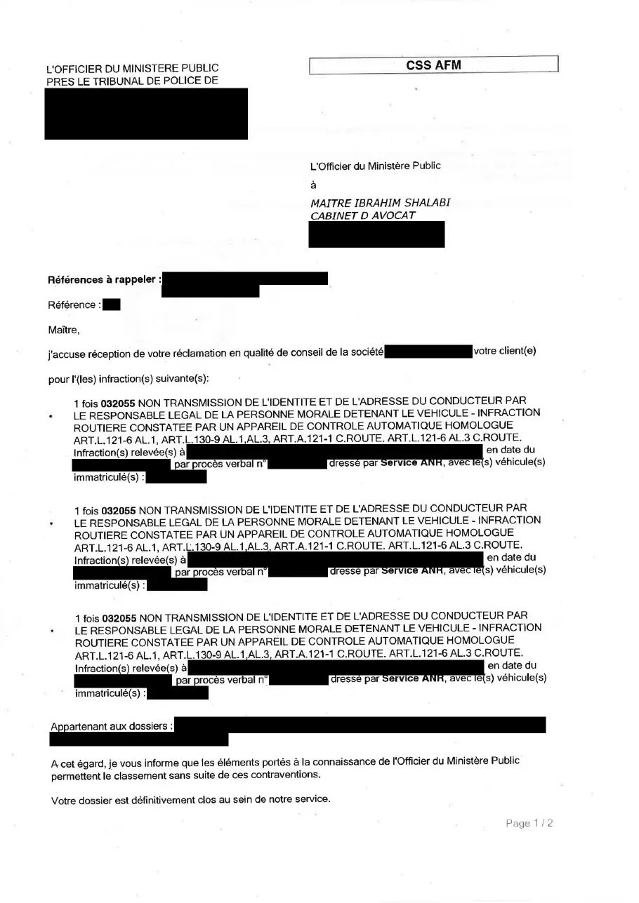 Réponse anonymisée de l'officier du ministère public, page 1 : classement sans suite de trois contraventions de non-désignation du conducteur d'une société après réclamation article 530