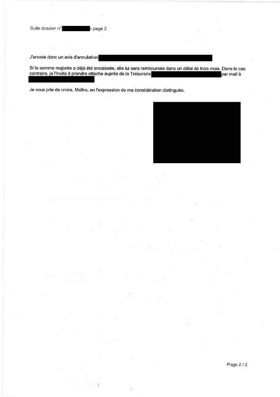 Réponse anonymisée de l'officier du ministère public, page 2 : avis d'annulation de la majoration et remboursement sous trois mois de l'amende majorée de non-désignation déjà encaissée