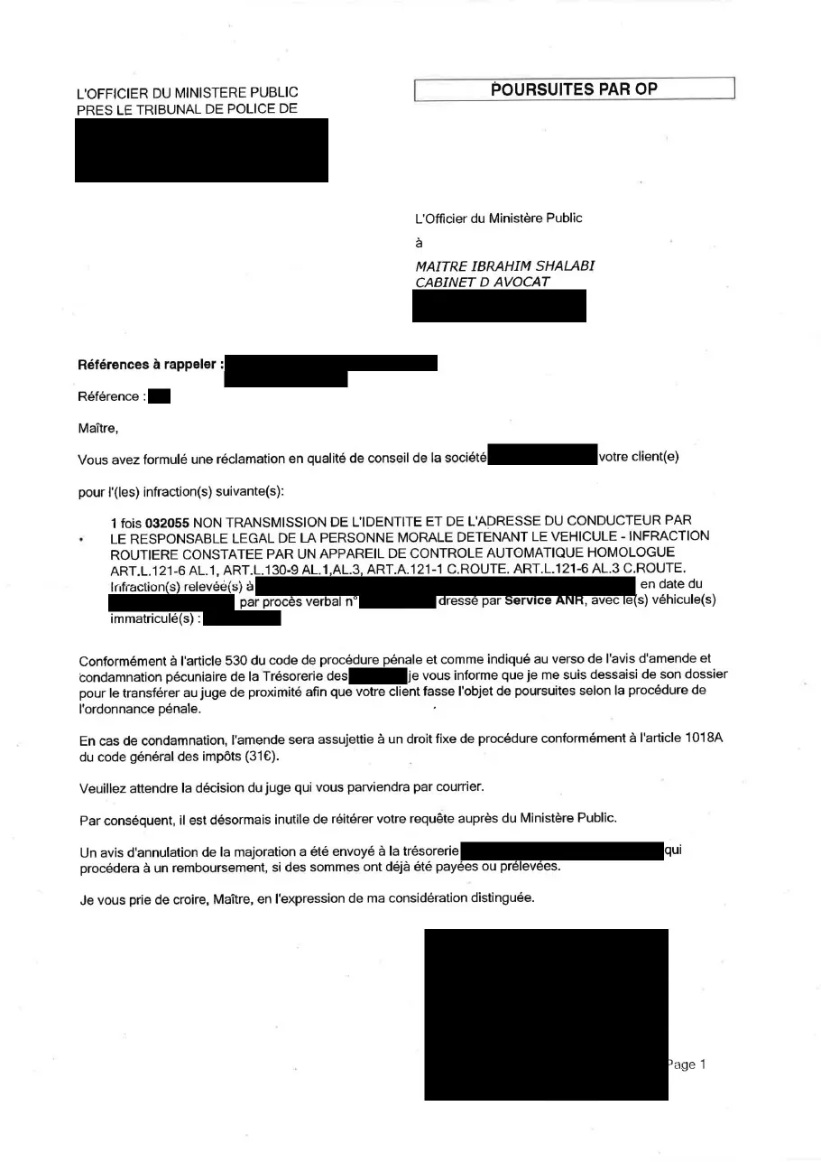 Réponse anonymisée de l'officier du ministère public : majoration annulée et transmission au juge en vue d'une ordonnance pénale pour la quatrième amende de non-désignation