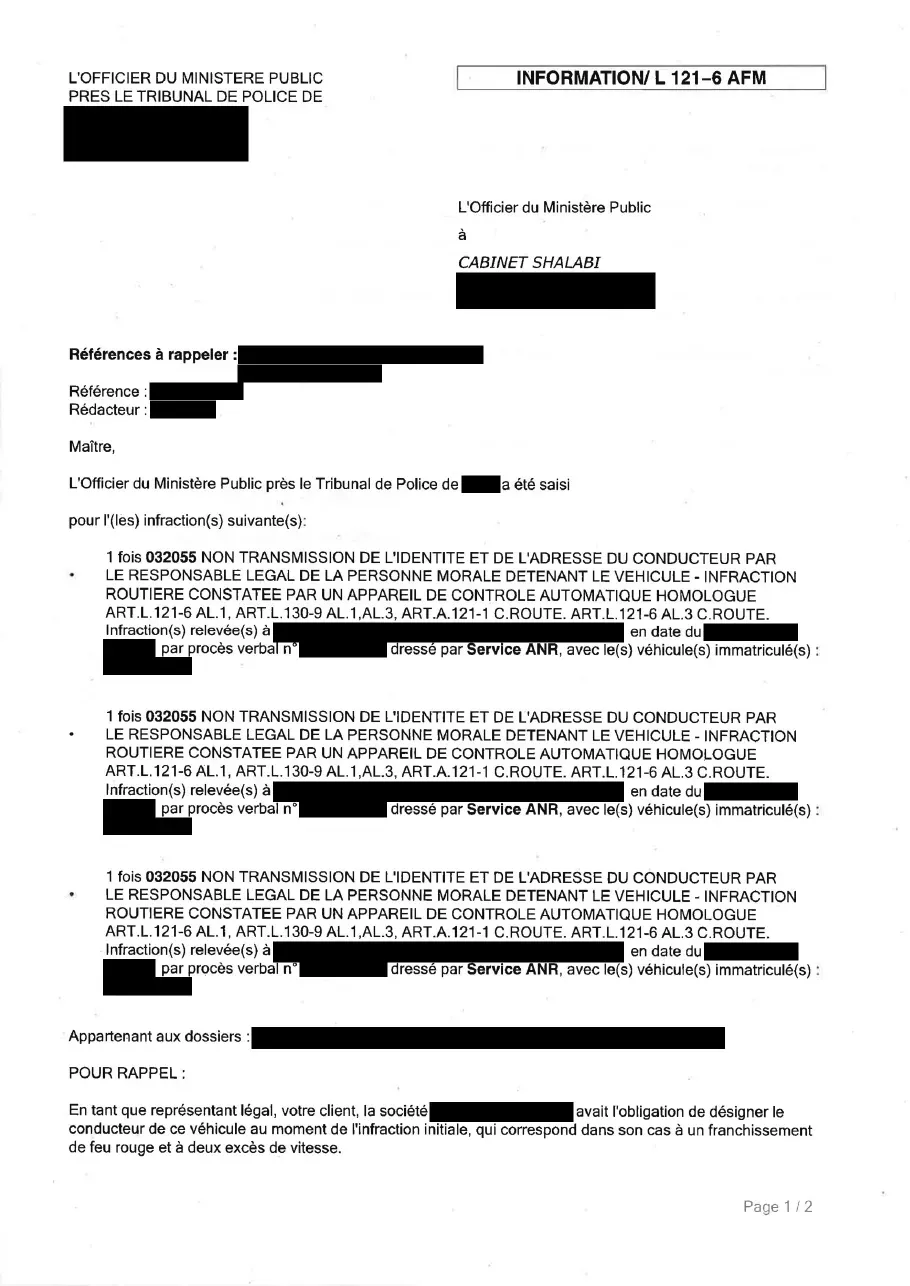 Réponse anonymisée de l'officier du ministère public, page 1 : trois amendes majorées de non-désignation du conducteur d'une société après désignation tardive