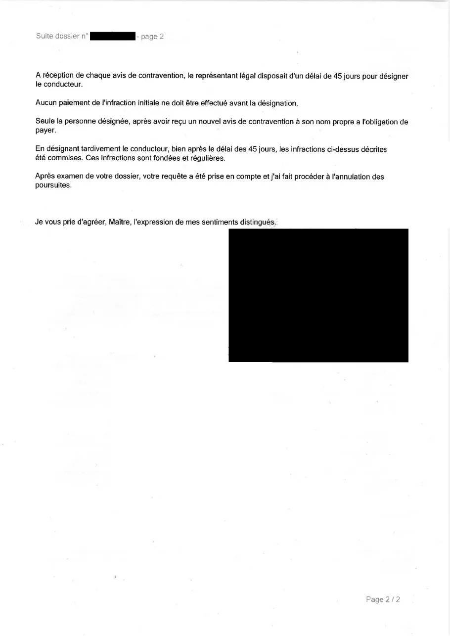 Réponse anonymisée de l'officier du ministère public, page 2 : annulation des poursuites pour trois amendes de non-désignation malgré une désignation tardive du conducteur