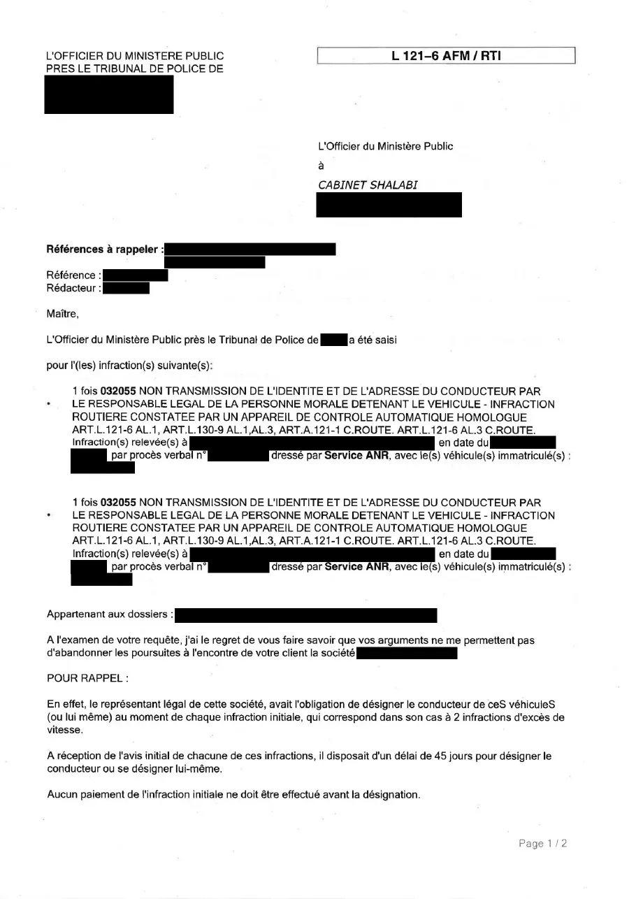 Réponse anonymisée de l'officier du ministère public, page 1 : deux amendes majorées de non-désignation du conducteur d'une société
