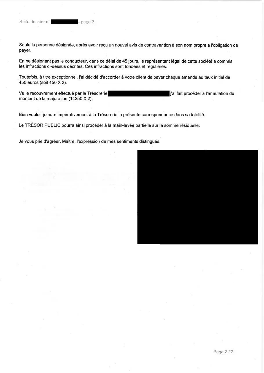 Réponse anonymisée de l'officier du ministère public, page 2 : majoration de 1425 euros annulée et paiement de chaque amende de non-désignation accepté à 450 euros